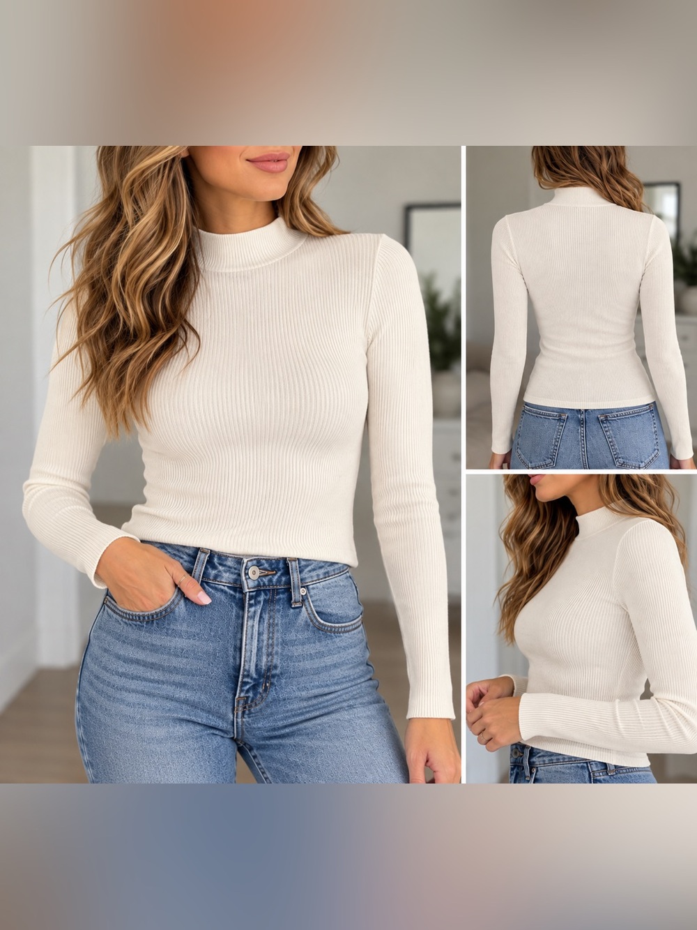 Windsor Wardrobe Essential Mock Neck Top Ribbed Long Sleeve Top in White